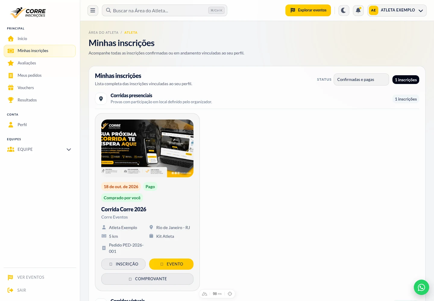 Área do Atleta com o botão Inscrição destacado
