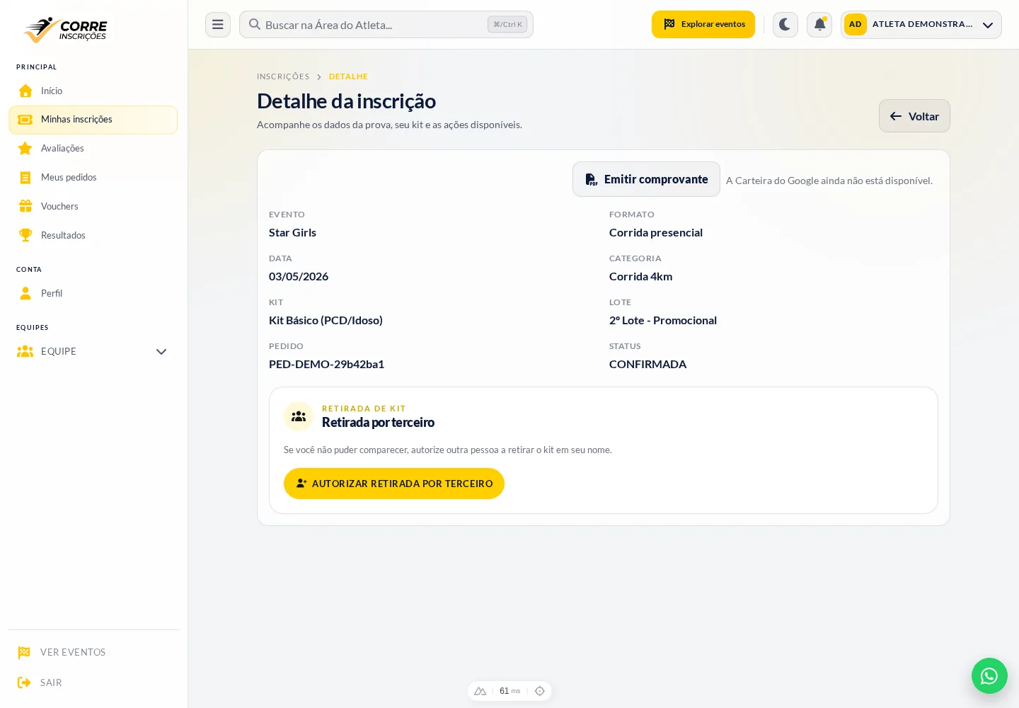 Detalhe da inscrição confirmada com o bloco Retirada por terceiro